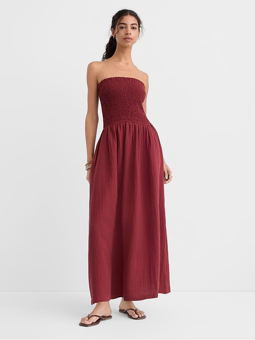 LOFT Beach Strapless Maxi Dress Small Smocked Brick Red Pockets Cotton